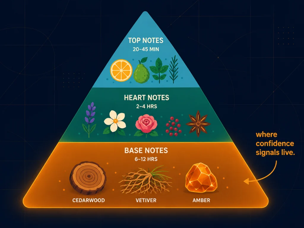 Flat fragrance pyramid illustration showing top notes, heart notes, and base notes with woody and amber ingredients highlighted in the base, dark background, Kurzgesagt style