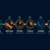 Flat illustration showing a six-step fragrance discovery process from fragrance family selection to signature scent commitment, represented as a horizontal flowchart with icons on dark navy background, Kurzgesagt style