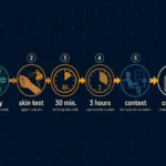 Flat illustration showing a six-step fragrance discovery process from fragrance family selection to signature scent commitment, represented as a horizontal flowchart with icons on dark navy background, Kurzgesagt style