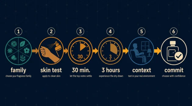 Flat illustration showing a six-step fragrance discovery process from fragrance family selection to signature scent commitment, represented as a horizontal flowchart with icons on dark navy background, Kurzgesagt style