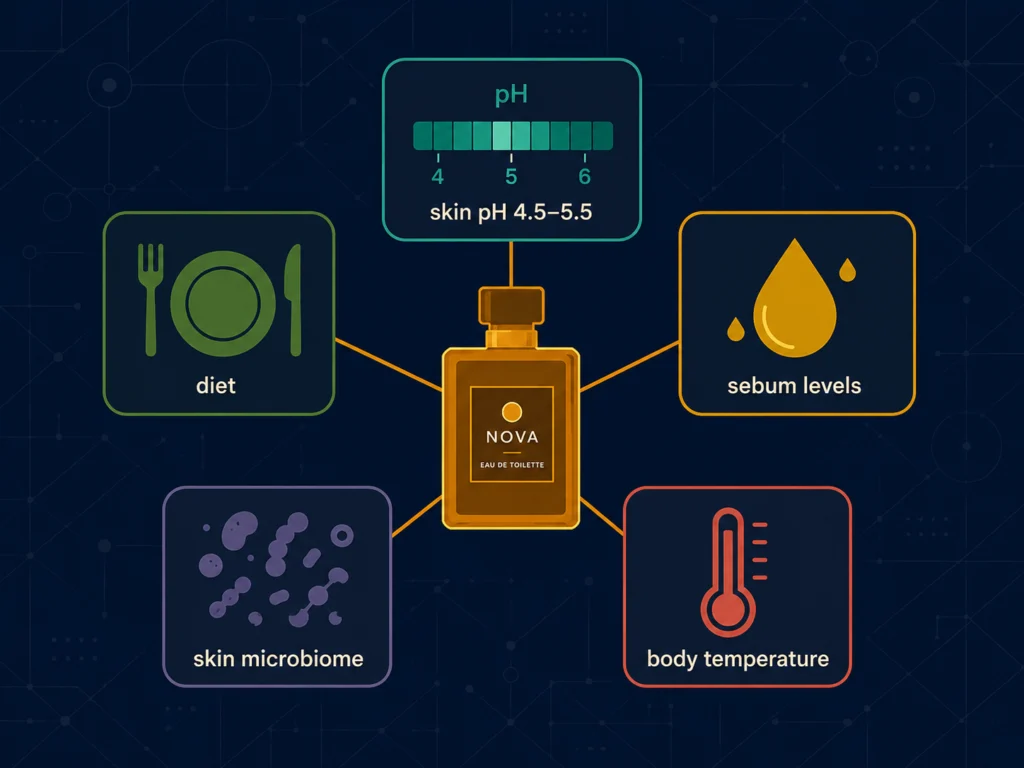Flat diagram showing five factors that affect cologne performance on skin: pH, sebum, body temperature, microbiome, and diet, arranged around a central cologne bottle icon on dark background, Kurzgesagt style
