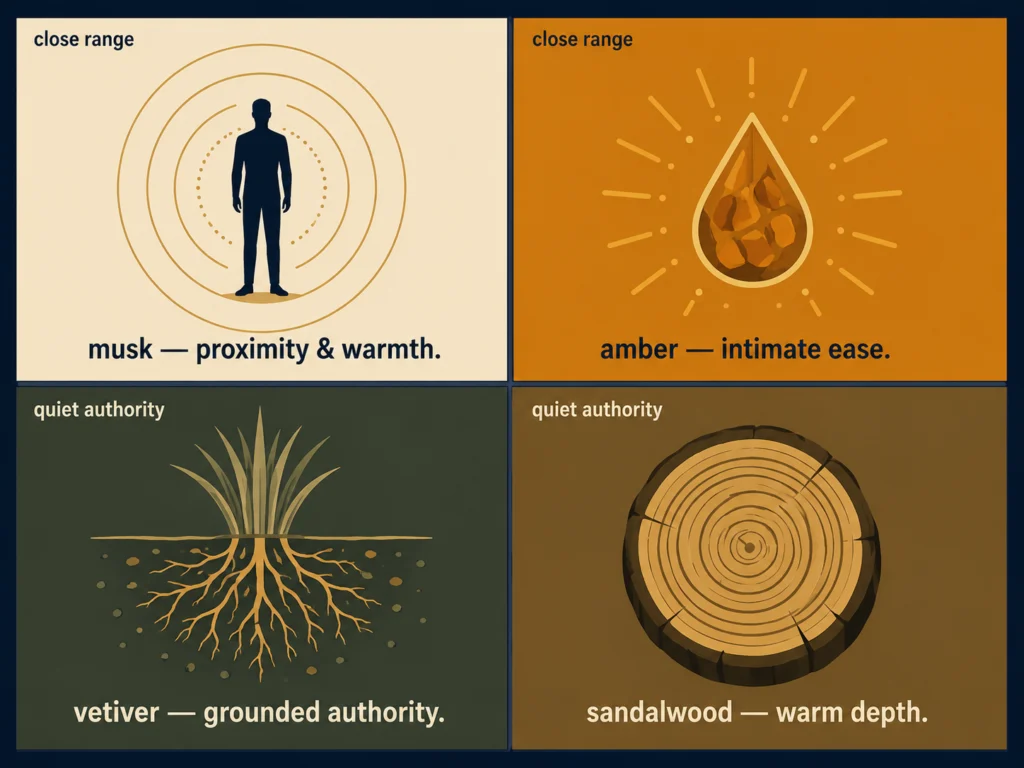 Flat four-panel illustration comparing musk, amber, vetiver, and sandalwood fragrance notes with icons representing their scent character and social signal, dark background, Kurzgesagt style