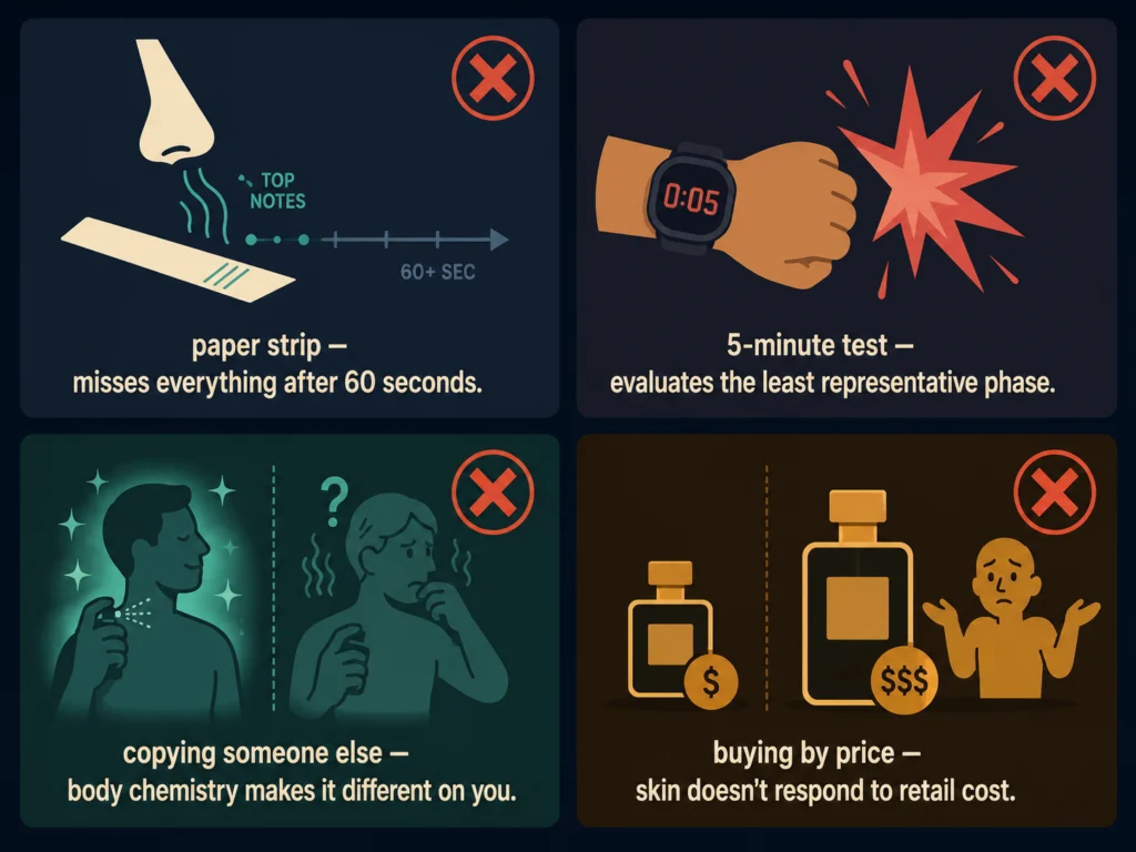 Flat four-panel illustration showing four common wrong methods for choosing cologne: paper strip testing, first five minutes on skin, copying someone else's scent, and choosing by price or brand, each marked with a red X, dark background, Kurzgesagt style