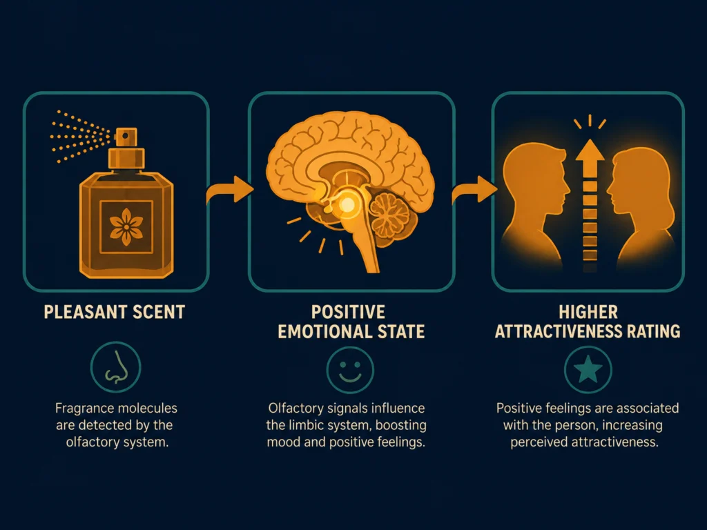 Flat diagram showing crossmodal affective priming: pleasant scent triggers positive emotional state which biases perception of facial attractiveness, dark background, Kurzgesagt style