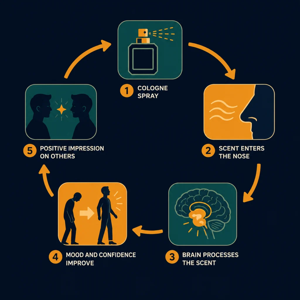 Flat diagram illustration showing five stages of the cologne confidence feedback loop: apply cologne, olfactory signal, limbic brain response, posture change, perceived attractiveness — connected by circular arrows on dark background