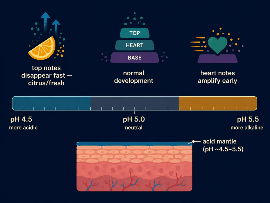 Flat diagram showing a pH scale from 4.5 to 5.5 with cologne note layers indicating which fragrance notes are affected by acidity versus alkalinity on skin, dark background, Kurzgesagt style