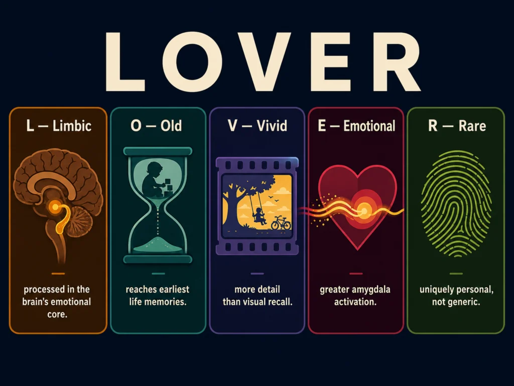 Flat five-panel infographic illustrating the LOVER acronym for olfactory memory: Limbic, Old, Vivid, Emotional, Rare, each with a descriptive icon on dark navy background, Kurzgesagt style