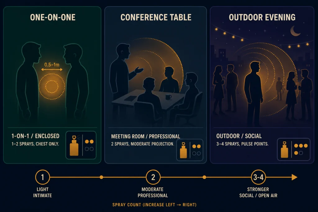 Flat diagram showing cologne projection radius matching to different social proximity contexts: one-on-one meeting, conference room, and outdoor gathering, with appropriate application amounts labeled, dark background, Kurzgesagt style