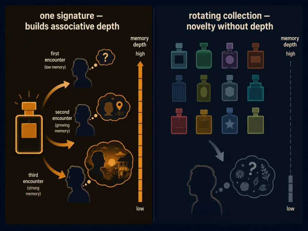 Flat comparison illustration showing one consistent cologne bottle building a strong emotional memory association in an observer's mind, versus a large rotating collection producing fragmented weak associations, dark background, Kurzgesagt style