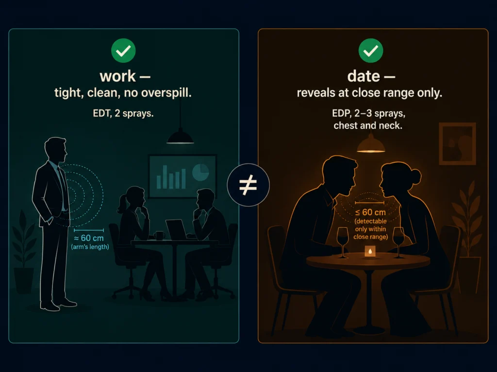 Flat side-by-side comparison showing correct cologne projection for a work office meeting versus correct close-range cologne presence for a date night, with projection radius circles on dark background, Kurzgesagt style