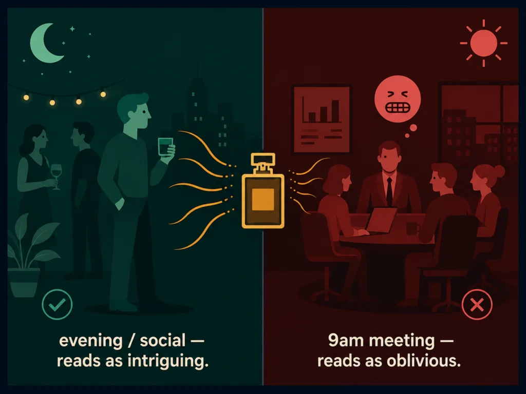 Flat split illustration showing the same fragrance bottle producing a positive signal in an evening social context and a negative signal in a morning office meeting, dark background, Kurzgesagt style