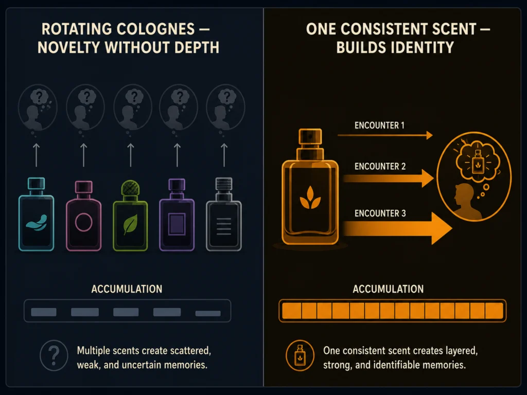 Flat comparison illustration showing multiple cologne bottles creating fragmented weak memory associations versus one consistent cologne bottle building a strong deep identity-linked memory association over time, dark background, Kurzgesagt style