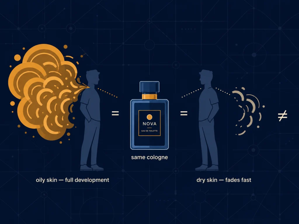 Flat illustration showing two male silhouettes wearing the same cologne bottle with visibly different scent cloud shapes and colors representing different skin chemistry reactions, dark navy background, Kurzgesagt style