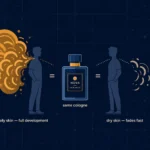 Flat illustration showing two male silhouettes wearing the same cologne bottle with visibly different scent cloud shapes and colors representing different skin chemistry reactions, dark navy background, Kurzgesagt style
