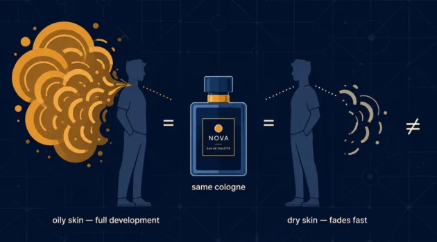 Flat illustration showing two male silhouettes wearing the same cologne bottle with visibly different scent cloud shapes and colors representing different skin chemistry reactions, dark navy background, Kurzgesagt style