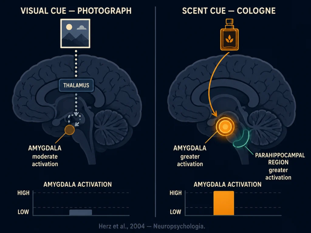 Flat brain scan comparison diagram showing greater amygdala activation from scent-cued memory versus visual-cued memory of the same event, based on Herz et al 2004 fMRI research, dark background, Kurzgesagt style