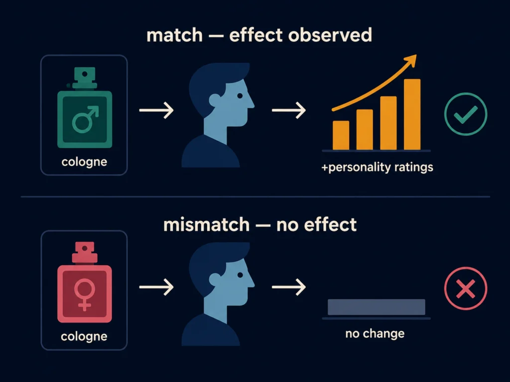 Flat diagram showing the congruence effect in fragrance research: matching scent gender to face gender produces higher personality ratings, mismatched pairings produce no effect, dark background, Kurzgesagt style