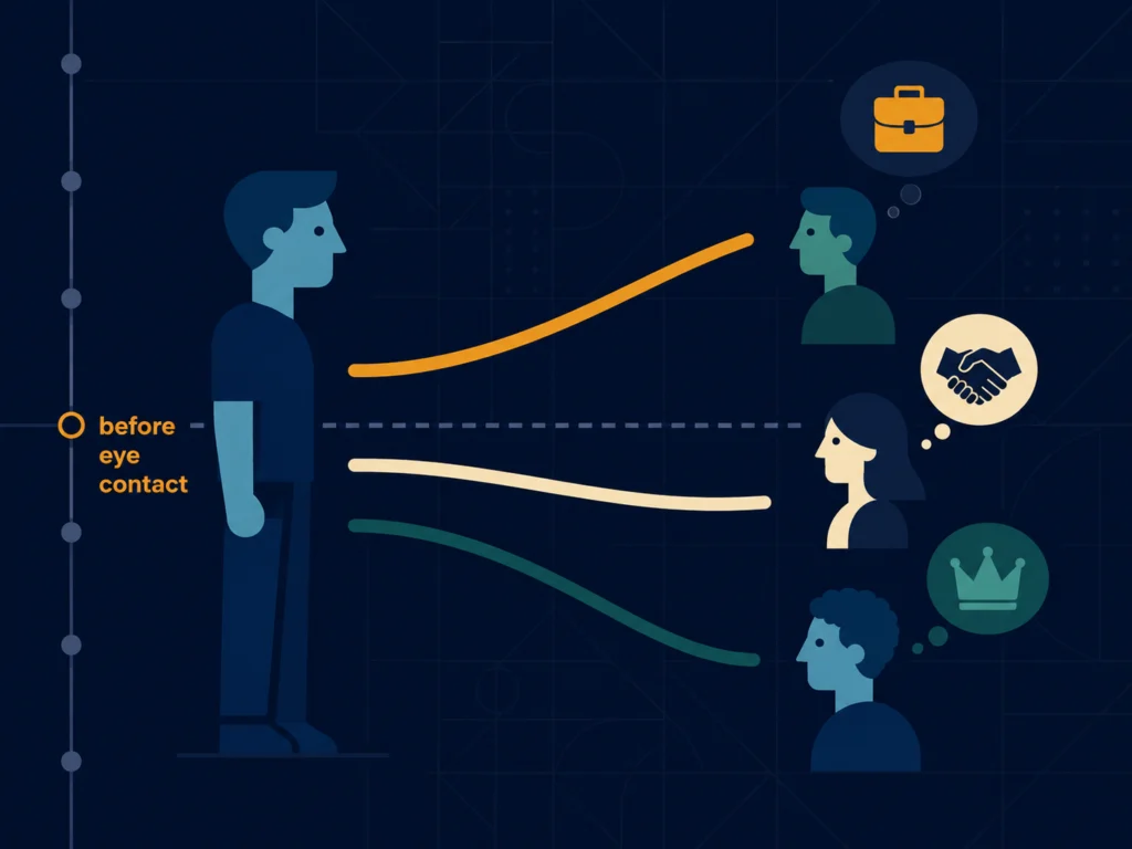 Flat illustration of a man's silhouette with abstract scent waves traveling toward other human silhouettes forming personality judgments, all on dark navy background, Kurzgesagt style