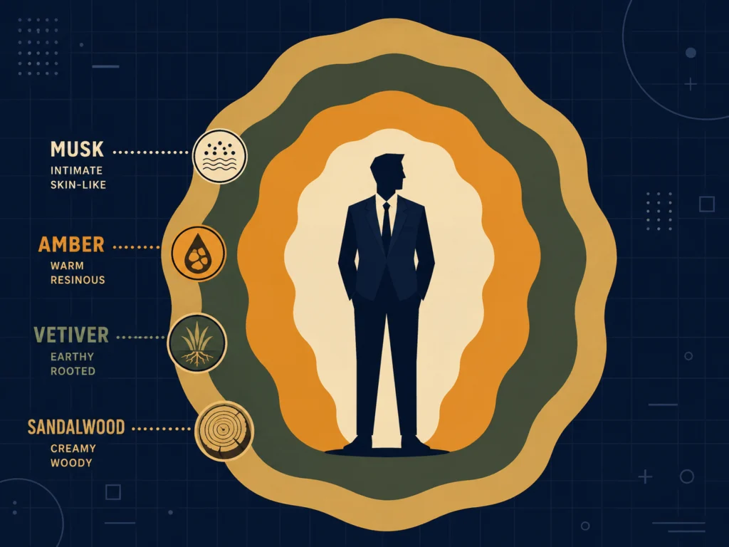 Flat illustration of a man surrounded by abstract scent wave patterns representing musk, amber, vetiver and sandalwood fragrance notes, dark navy background, Kurzgesagt style