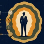 Flat illustration of a man surrounded by abstract scent wave patterns representing musk, amber, vetiver and sandalwood fragrance notes, dark navy background, Kurzgesagt style