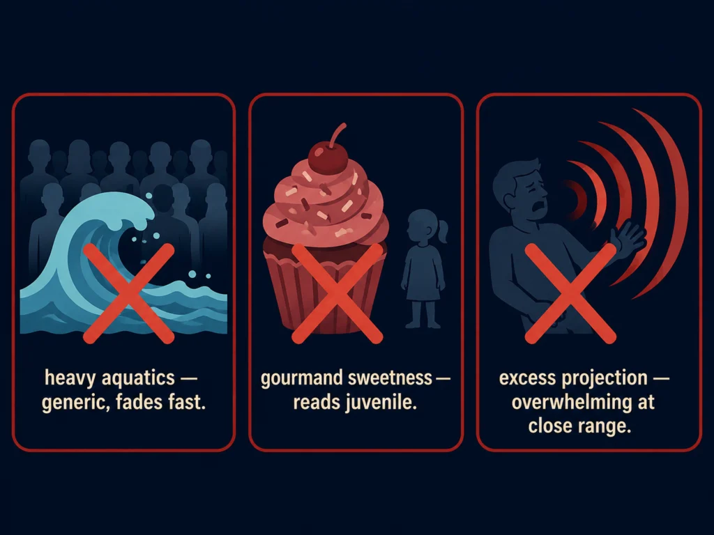 Flat illustration showing three fragrance types to avoid in attraction contexts: heavy aquatics, gourmand sweetness, and excessive sillage, with red X marks on dark background, Kurzgesagt style
