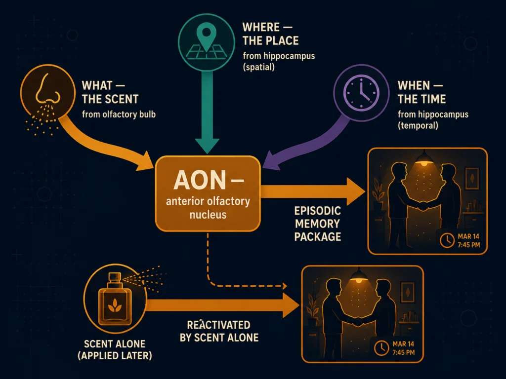 Flat diagram illustrating how the anterior olfactory nucleus combines odor signals and hippocampal spatiotemporal information to form a complete episodic what-when-where scent memory, dark background, Kurzgesagt style
