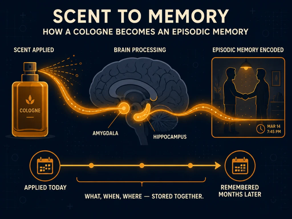 Flat illustration showing a cologne bottle connected by amber neural pathways to a human brain and a memory scene, representing how consistent fragrance use encodes identity into long-term emotional memory, dark navy background, Kurzgesagt style