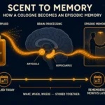 Flat illustration showing a cologne bottle connected by amber neural pathways to a human brain and a memory scene, representing how consistent fragrance use encodes identity into long-term emotional memory, dark navy background, Kurzgesagt style