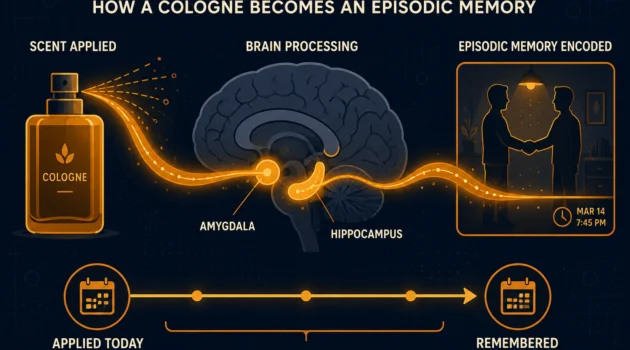 Flat illustration showing a cologne bottle connected by amber neural pathways to a human brain and a memory scene, representing how consistent fragrance use encodes identity into long-term emotional memory, dark navy background, Kurzgesagt style