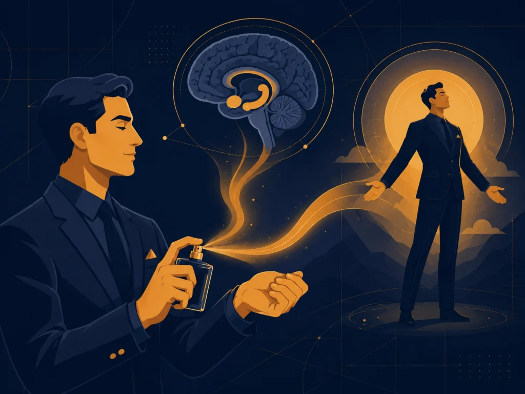 Flat illustration of a man applying cologne with abstract limbic system pathways shown connecting scent to posture and body language, deep blue background