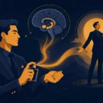Flat illustration of a man applying cologne with abstract limbic system pathways shown connecting scent to posture and body language, deep blue background