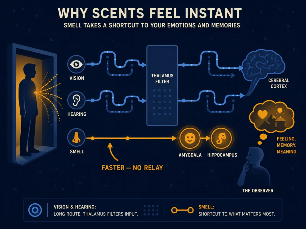 Flat illustration showing a man entering a room with scent waves traveling directly to a brain diagram, bypassing other sensory inputs, representing the olfactory pathway's direct route to the amygdala, dark navy background, Kurzgesagt style