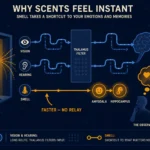 Flat illustration showing a man entering a room with scent waves traveling directly to a brain diagram, bypassing other sensory inputs, representing the olfactory pathway's direct route to the amygdala, dark navy background, Kurzgesagt style