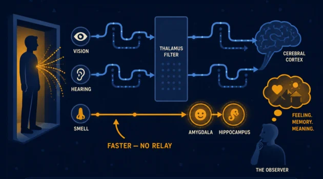 Flat illustration showing a man entering a room with scent waves traveling directly to a brain diagram, bypassing other sensory inputs, representing the olfactory pathway's direct route to the amygdala, dark navy background, Kurzgesagt style