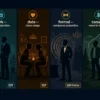 Flat illustration showing four social contexts side by side — office, date night, formal event, and outdoor gathering — each with a different cologne profile represented by distinct scent arcs, dark navy background, Kurzgesagt style