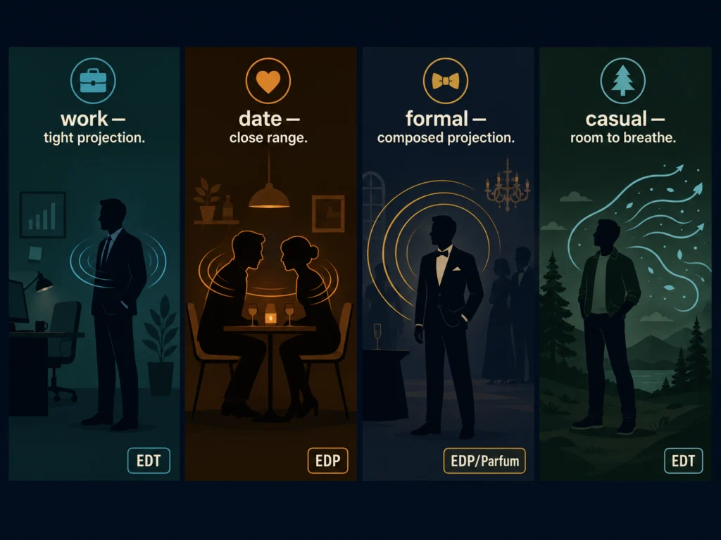 Flat illustration showing four social contexts side by side — office, date night, formal event, and outdoor gathering — each with a different cologne profile represented by distinct scent arcs, dark navy background, Kurzgesagt style
