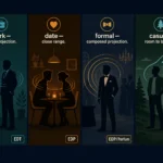 Flat illustration showing four social contexts side by side — office, date night, formal event, and outdoor gathering — each with a different cologne profile represented by distinct scent arcs, dark navy background, Kurzgesagt style