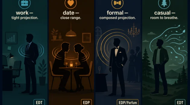 Flat illustration showing four social contexts side by side — office, date night, formal event, and outdoor gathering — each with a different cologne profile represented by distinct scent arcs, dark navy background, Kurzgesagt style