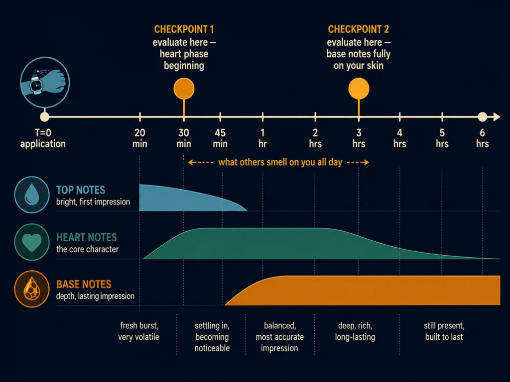 Flat timeline diagram showing fragrance evaluation checkpoints at 30 minutes and 3 hours, with note development phases labeled — top notes fading, heart notes active, base notes fully developed — on dark background, Kurzgesagt style