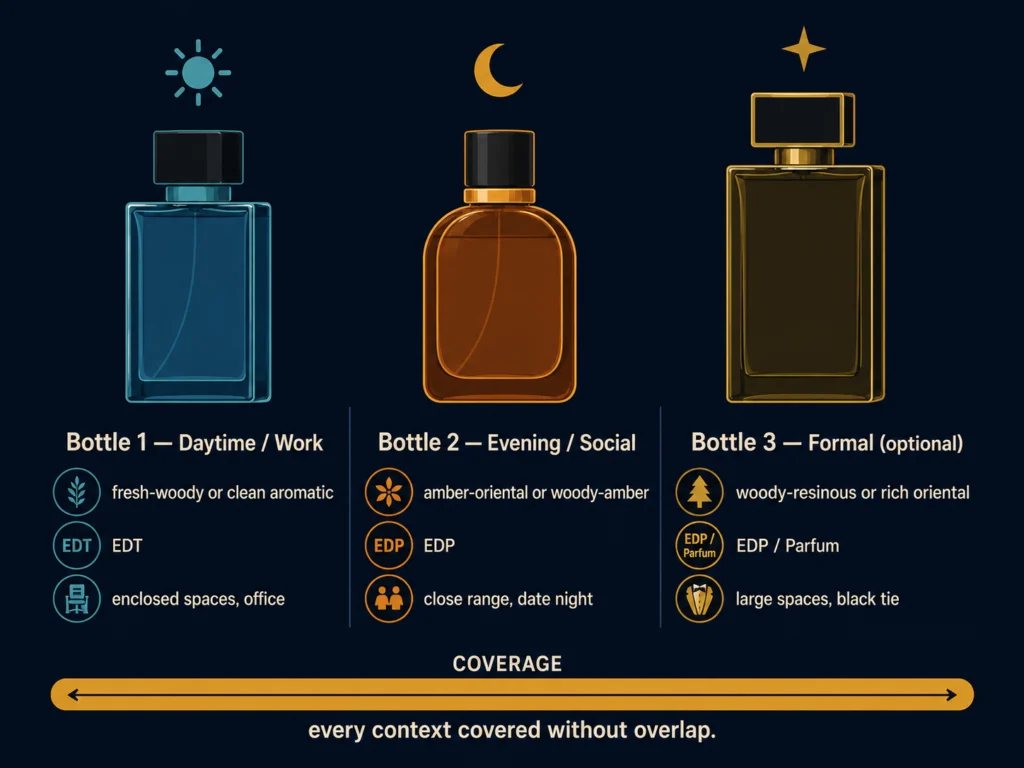 Flat illustration showing a three-bottle cologne rotation for men: one fresh-woody EDT for daytime and work, one warm amber EDP for evening and dates, one richer formal Parfum for special occasions, dark background, Kurzgesagt style