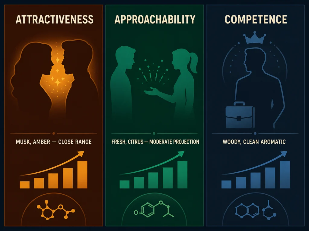 Flat three-panel illustration showing the three judgment dimensions influenced by cologne in first impressions: attractiveness, approachability, and competence, with fragrance note examples for each, dark background, Kurzgesagt style