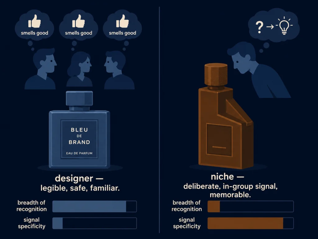 Flat illustration comparing designer cologne and niche cologne signals side by side, with observer reactions shown as thought bubbles on dark background, Kurzgesagt style