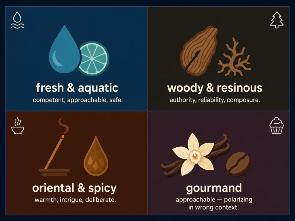 Flat four-quadrant illustration mapping fragrance families to personality signals: fresh aquatic equals competence, woody equals authority, oriental equals warmth and intrigue, gourmand equals approachability with risk, dark background, Kurzgesagt style