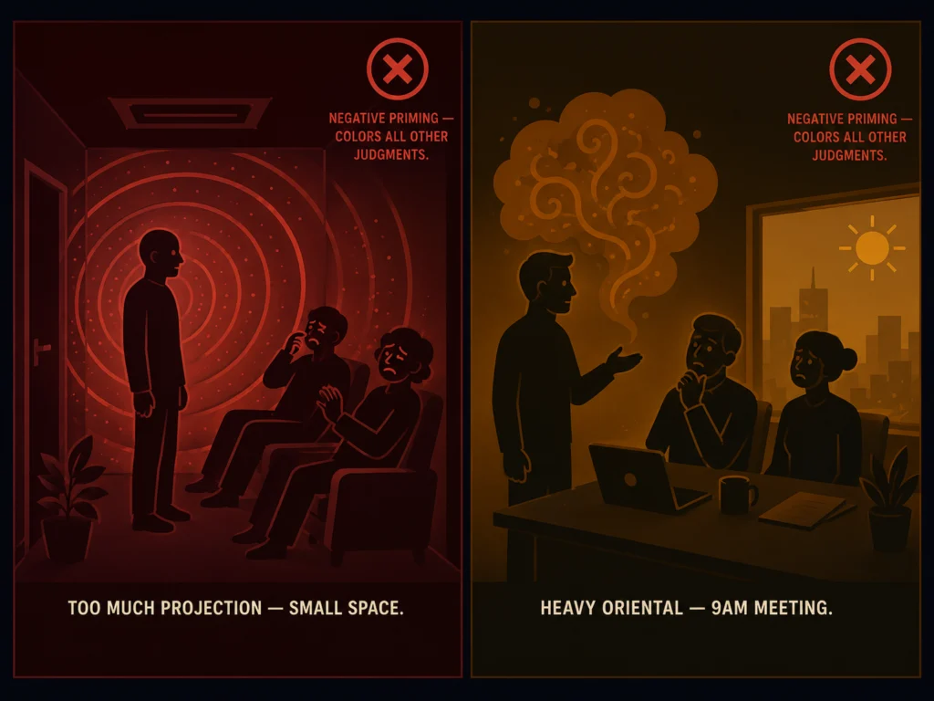 Flat two-panel illustration showing cologne misalignment scenarios: excessive projection in a small office meeting room on the left, and heavy oriental fragrance in a daytime professional context on the right, with negative reaction indicators, dark background, Kurzgesagt style
