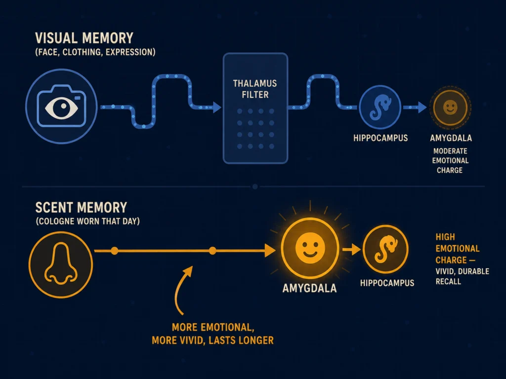 Flat diagram showing how olfactory memory encoding bypasses typical memory routes and connects directly to the amygdala for stronger emotional recall, with a comparison to visual memory encoding, dark background, Kurzgesagt style