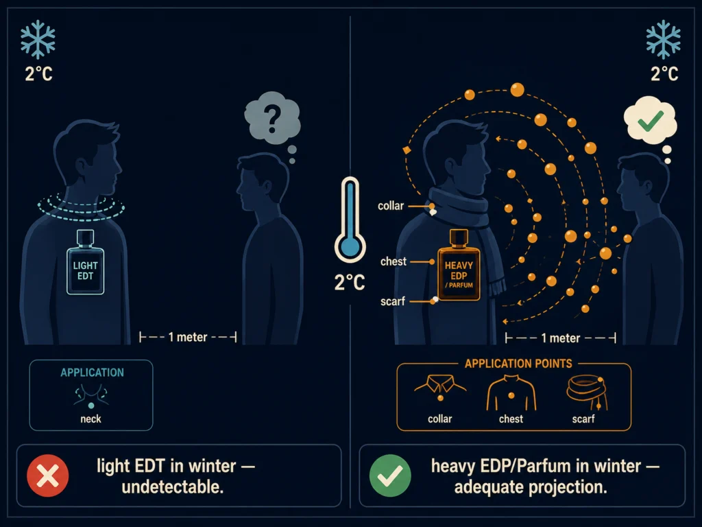 Flat diagram showing fragrance molecules staying close to skin in cold air with compressed sillage radius, contrasted with a winter-appropriate heavy oriental fragrance projecting adequately despite cold temperature, dark blue background, Kurzgesagt style