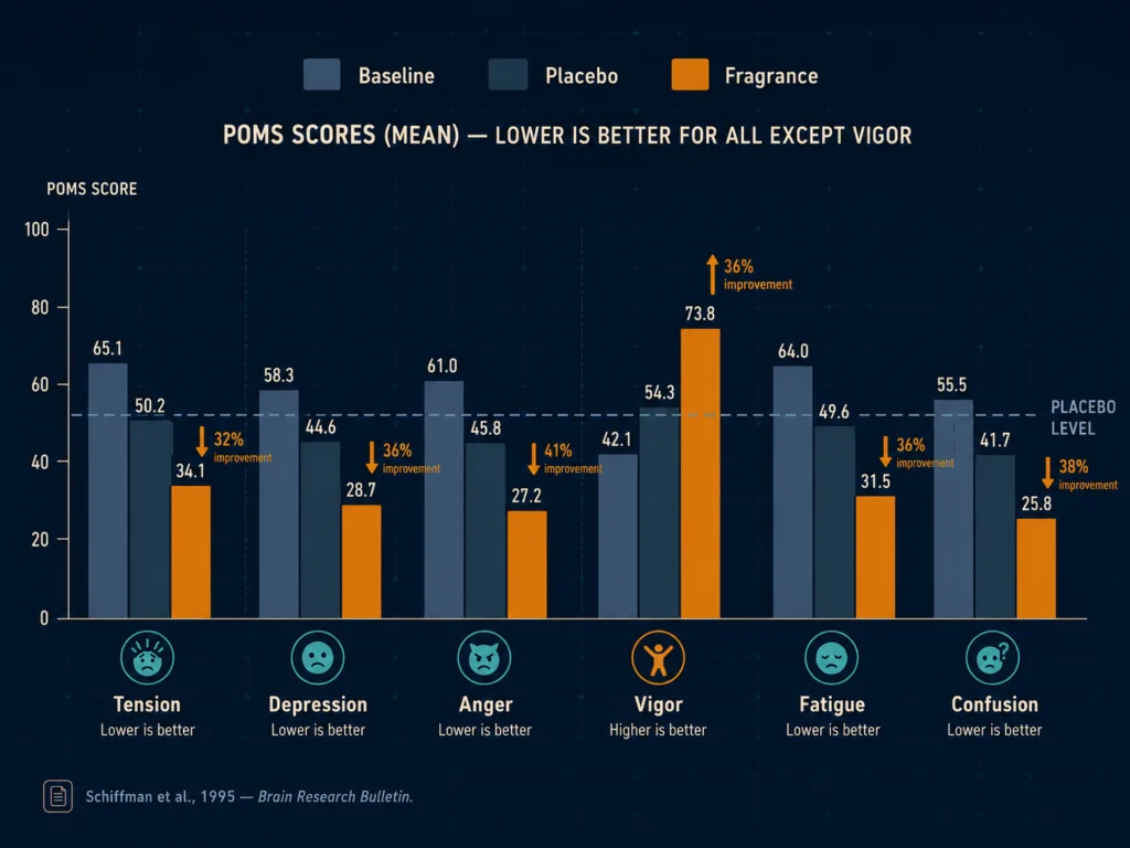 Flat three-condition comparison bar chart showing POMS mood scores for baseline, placebo, and fragrance conditions across six dimensions, with the fragrance condition producing the best scores, dark background, Kurzgesagt style