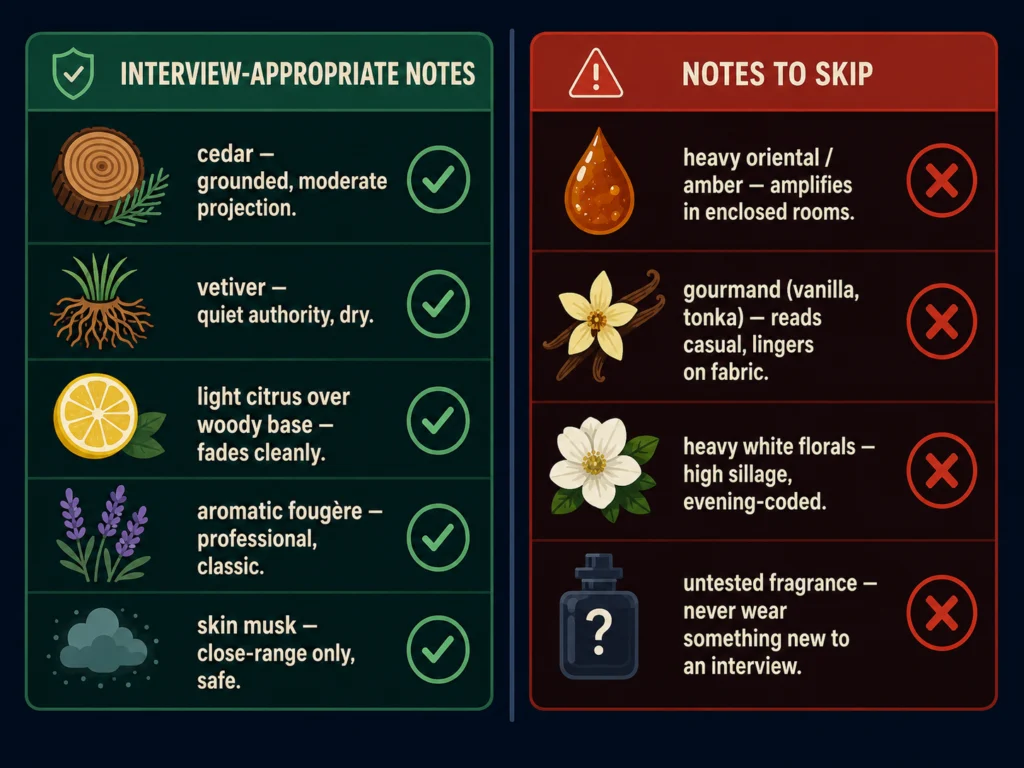 Flat two-column illustrated list comparing fragrance notes appropriate for a job interview on the left versus notes to avoid on the right, with green checkmarks and red X marks and note icons on dark background, Kurzgesagt style
