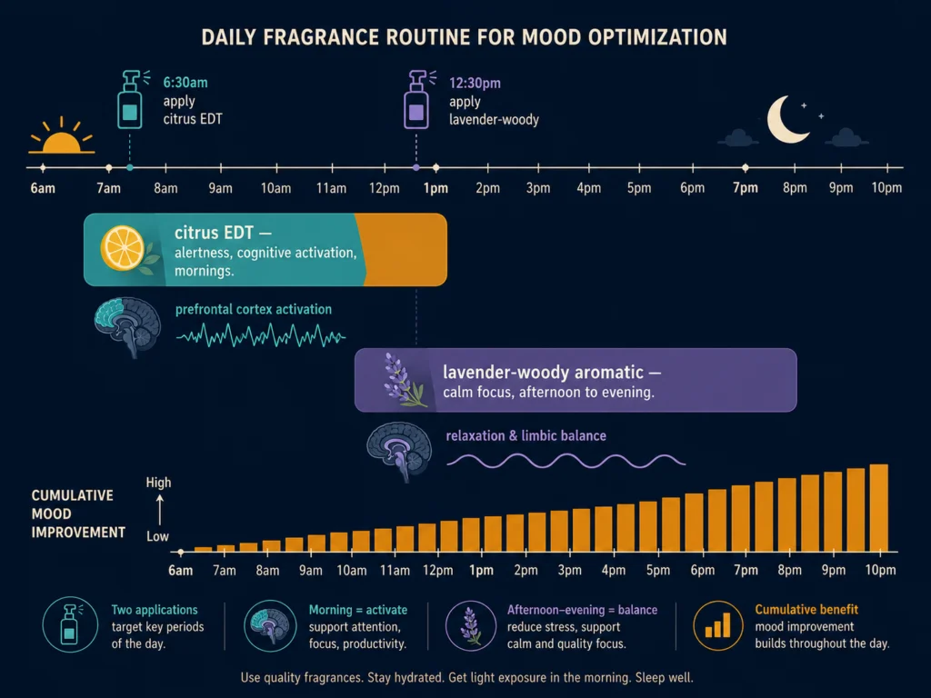 Flat daily routine timeline showing a citrus cologne applied in the morning for alertness with prefrontal cortex activation, transitioning to a lavender-woody cologne in the afternoon for calm focus, with compound mood benefits shown across the day, dark background, Kurzgesagt style