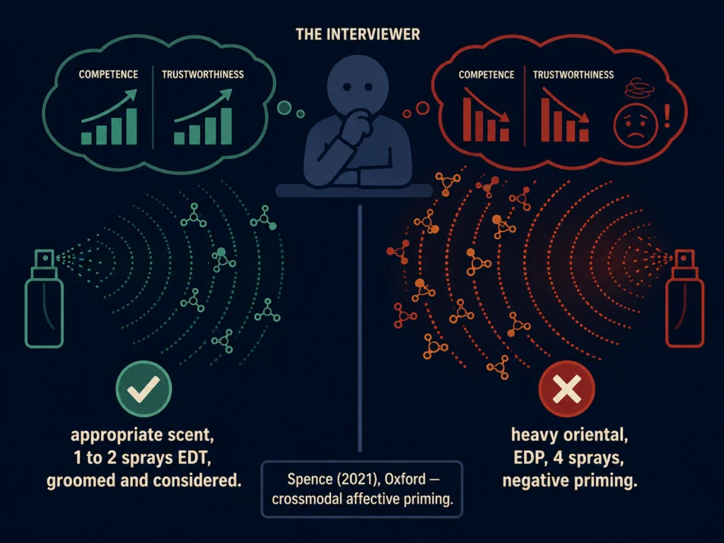 Flat diagram showing the bidirectional crossmodal affective priming effect in a professional context, with appropriate cologne producing higher competence ratings and overwhelming cologne producing lower ratings, dark background, Kurzgesagt style